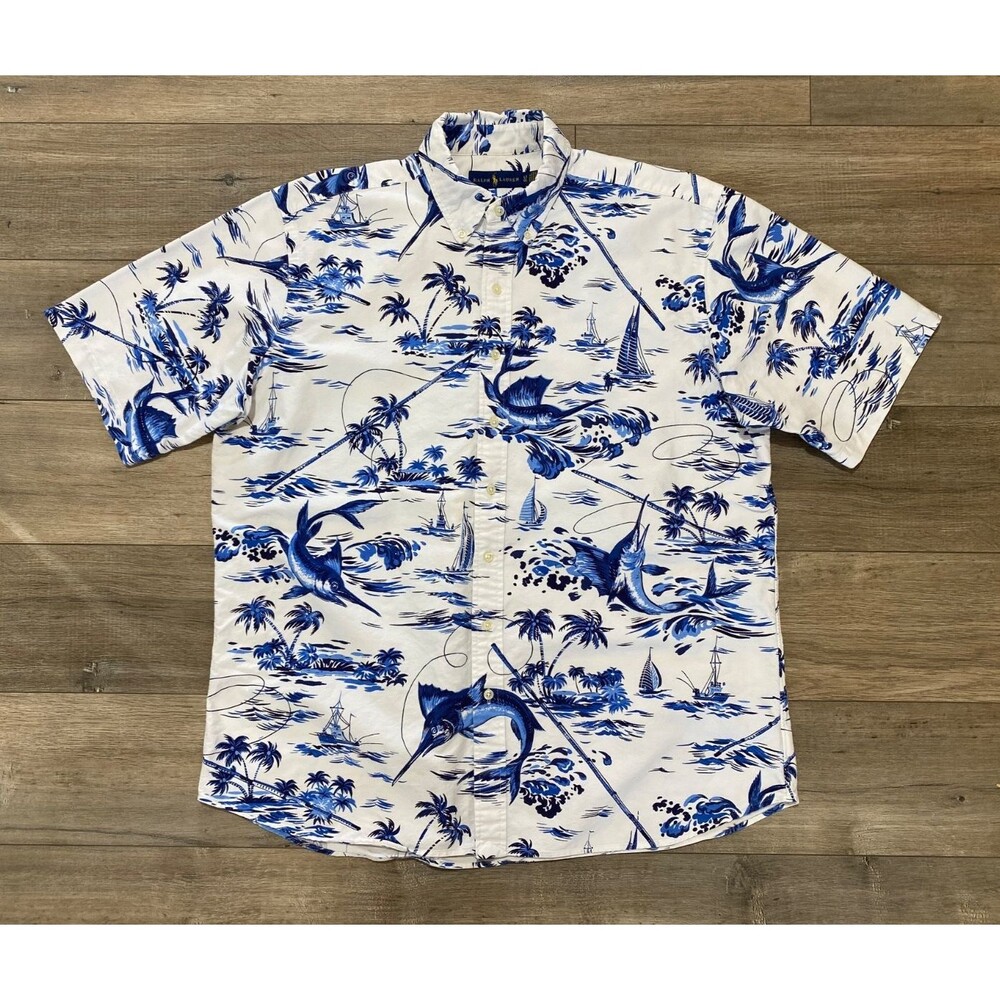Polo Ralph Lauren Hawaiian Mens LT Tall White Blue Marlin Sailfish Button Shirt